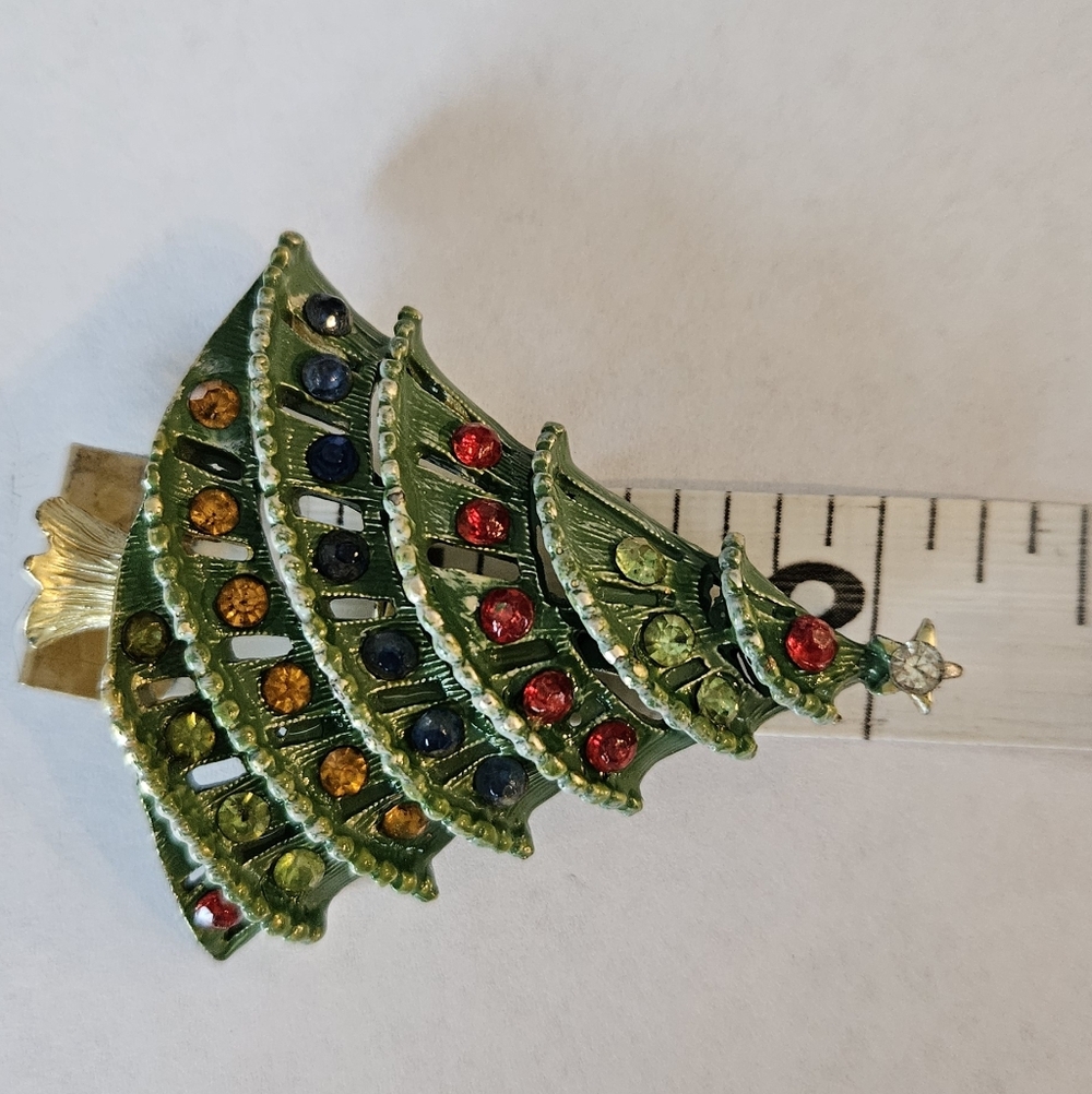 Christmas Tree Brooch Pin Enamel Rhinestones - Picture 9 of 9